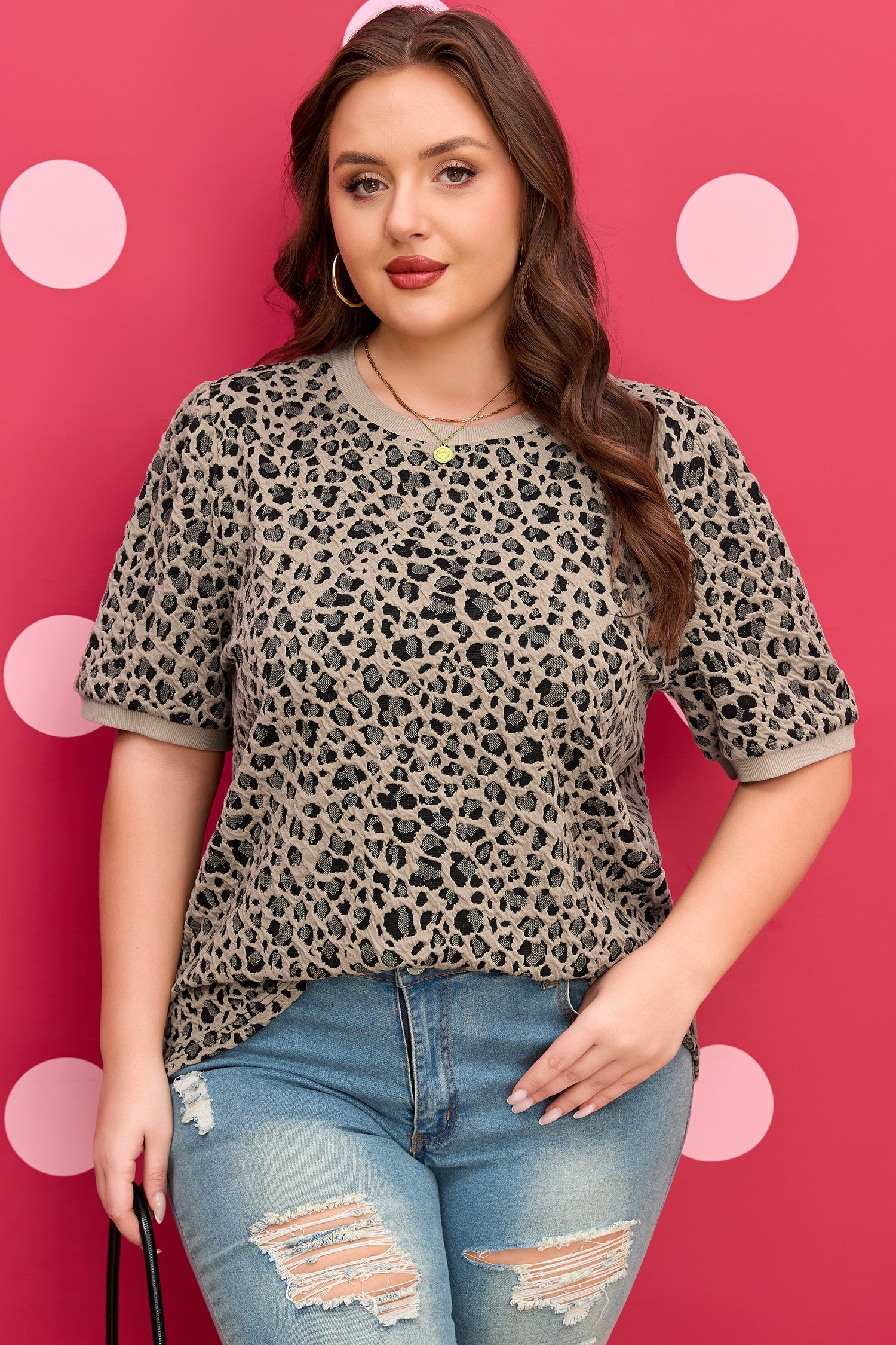 Leopard Textured Crew Neck T-Shirt | Polyester Cotton Blend