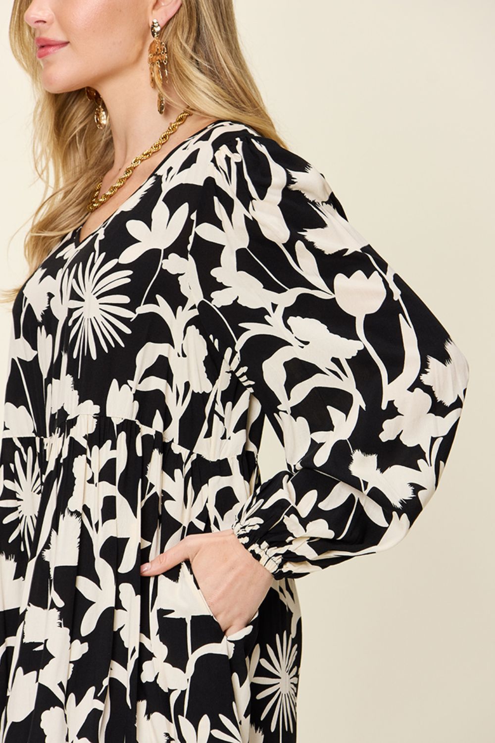 Printed Ruffle Hem Dress with Functional Pockets