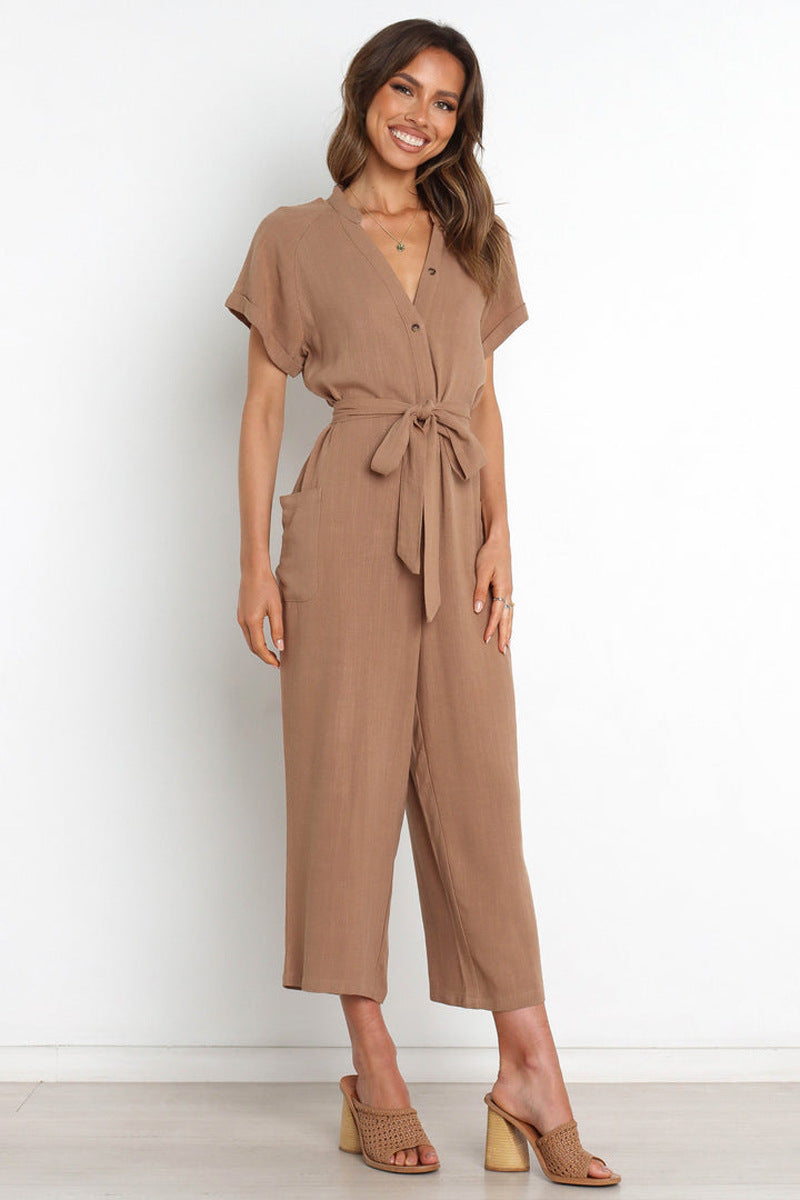 Women's V-Neck Button Front Cropped Wide-Leg Jumpsuit
