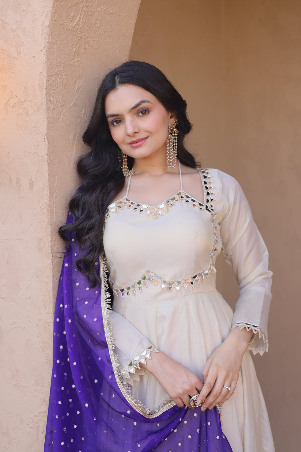 Cream Cosmos Gown with Real Mirror and Zari Embroidery