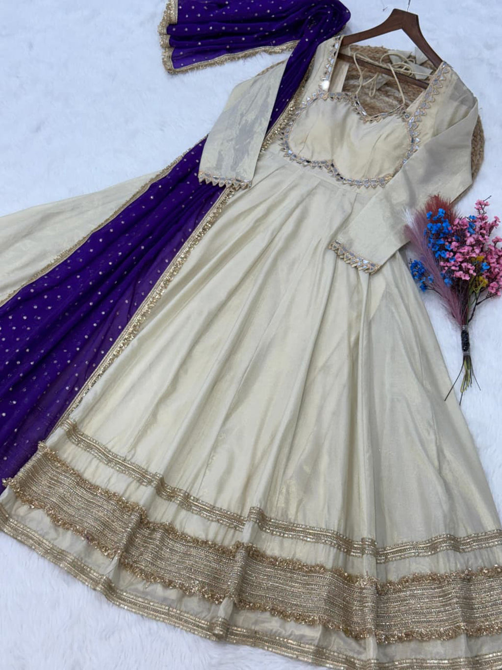 Cream Cosmos Gown with Real Mirror and Zari Embroidery