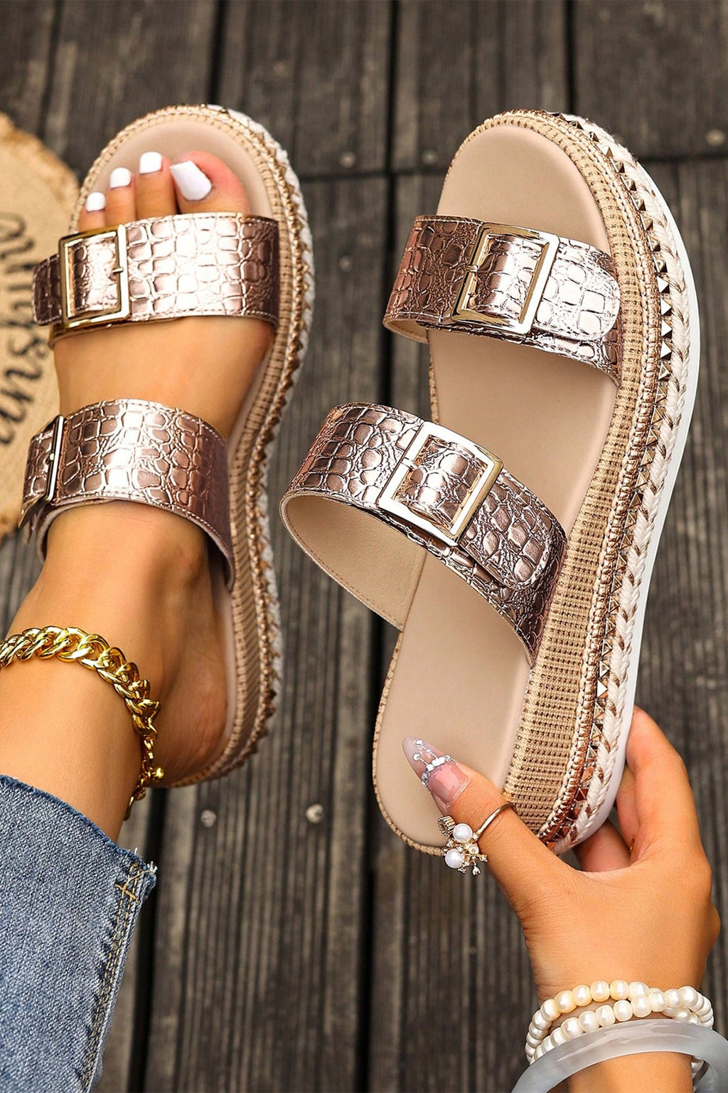 Cattleya buckle wedge platform slippers in animal print with bronze and beige color options