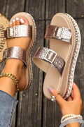 Cattleya buckle wedge platform slippers in animal print with bronze and beige color options