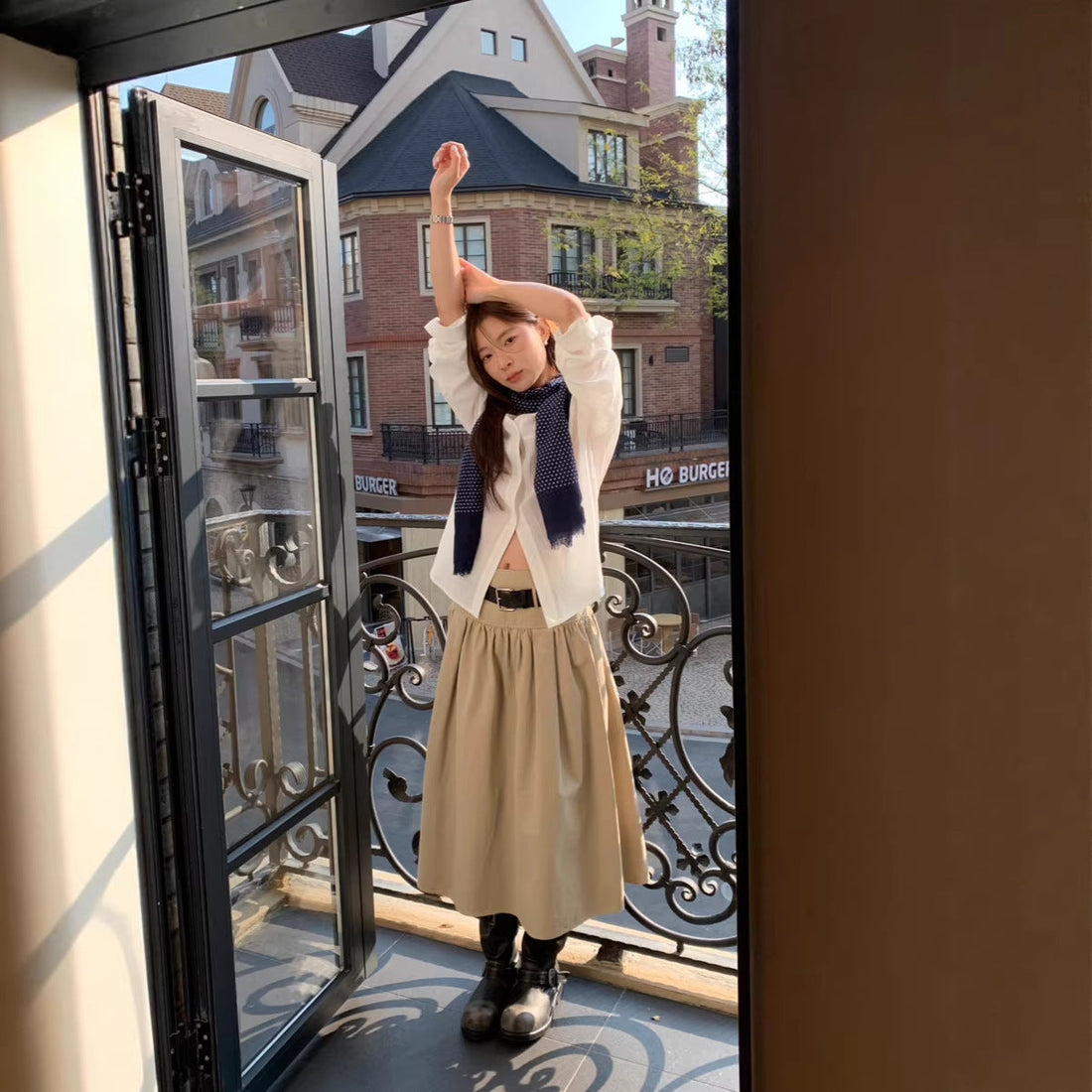 Relaxed Beige A-Line Midi Skirt with Adjustable Belt - Image 4