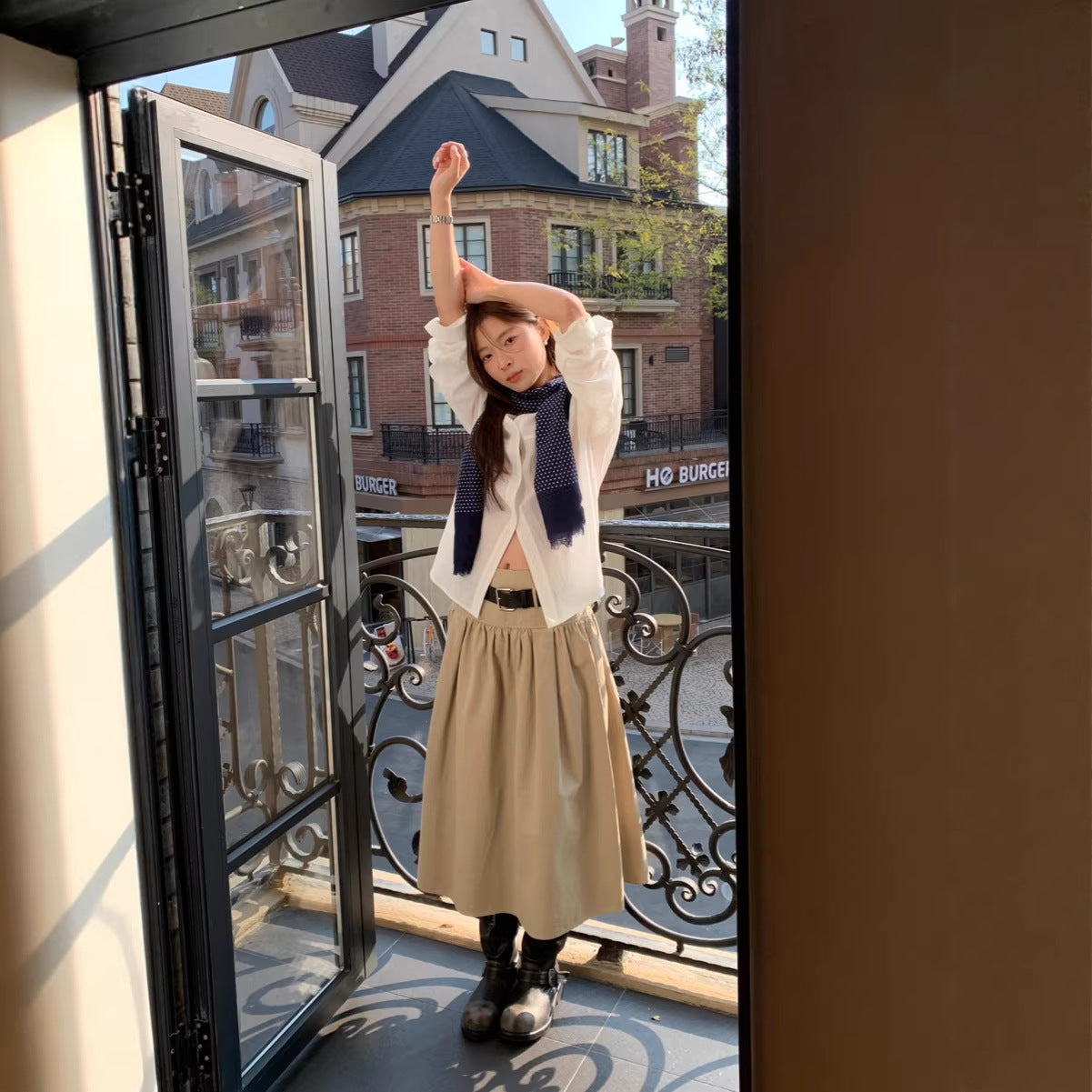 Relaxed Beige A-Line Midi Skirt with Adjustable Belt - Image 4