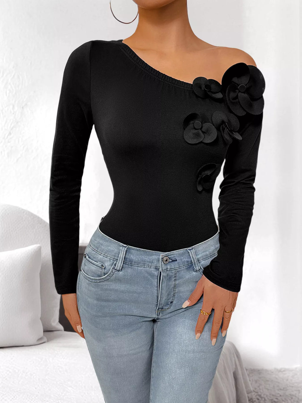 Flower One Shoulder Long Sleeve Bodysuit
