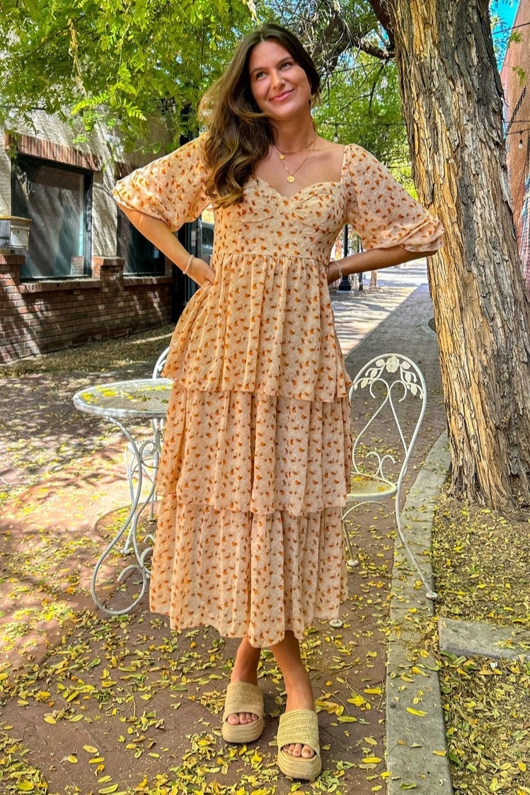 Dusty Apricot Tiered Midi Dress
