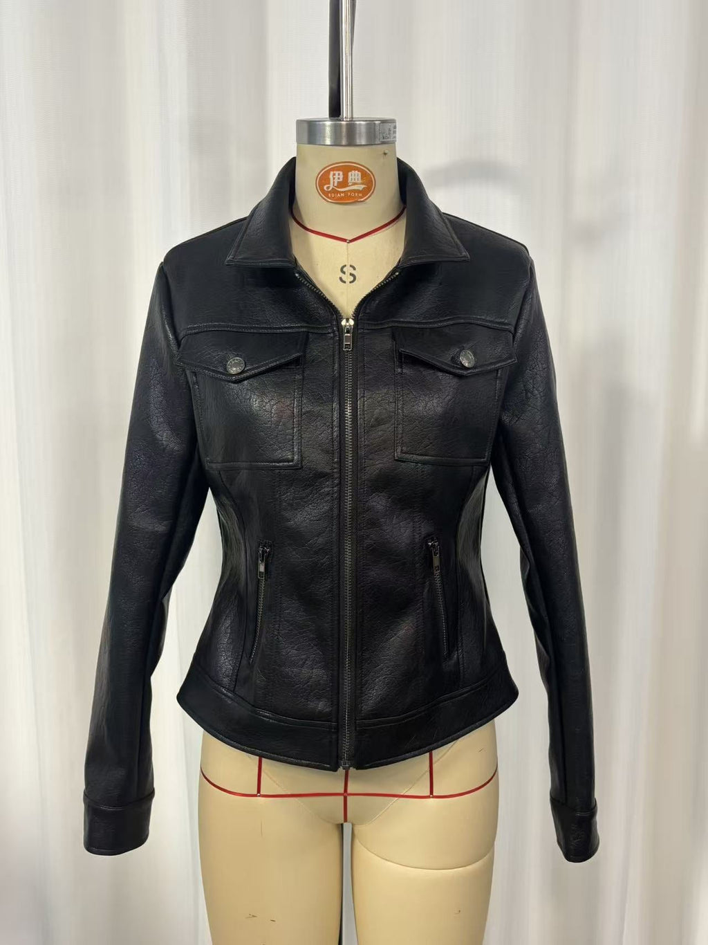 Vintage Washed PU Leather Biker Jacket | Slim Fit Moto Zip | Black