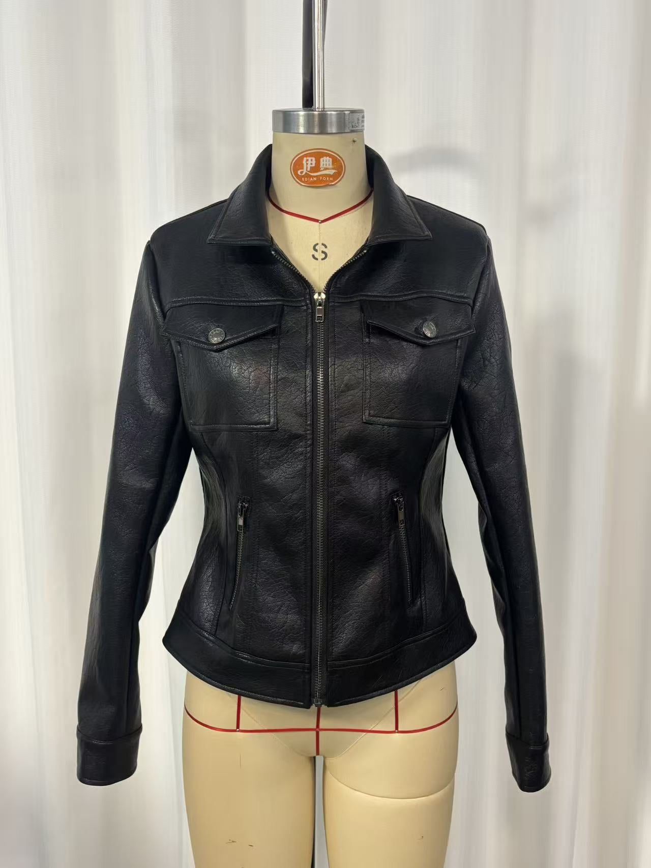 Vintage Washed PU Leather Biker Jacket | Slim Fit Moto Zip | Black