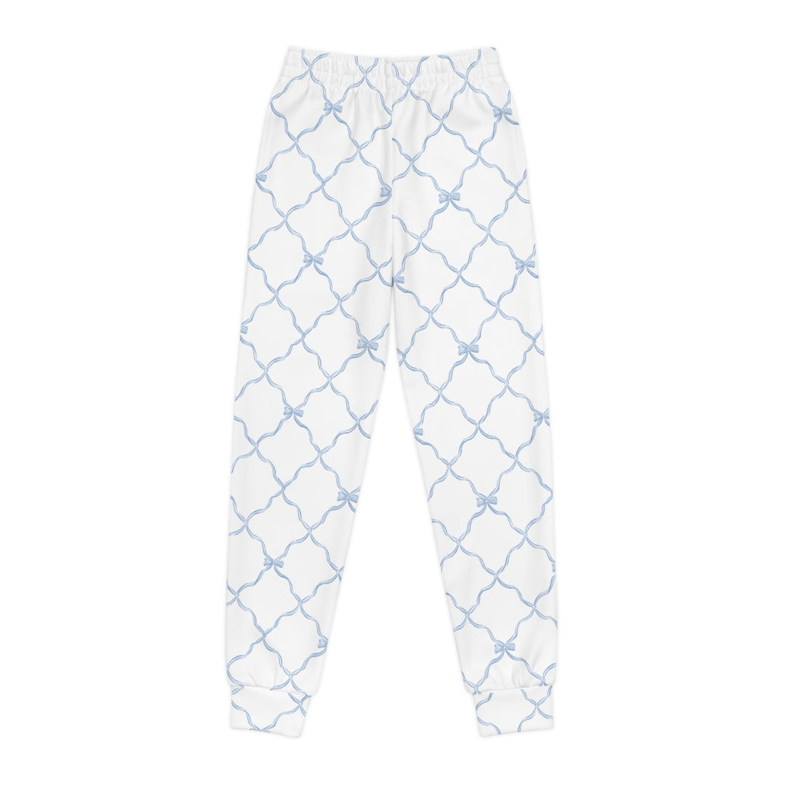 Youth joggers in white featuring a blue trellis bow pattern, with side pockets and elastic ankle cuffs.