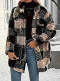 Oversized Plaid Teddy Coat with Collared Neck & Pockets