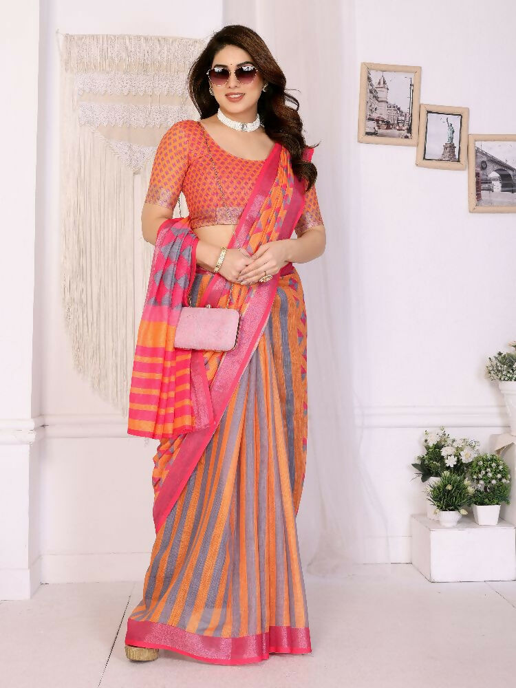 Orange Handloom Linen Cotton Saree with Elegant Zari Detailing