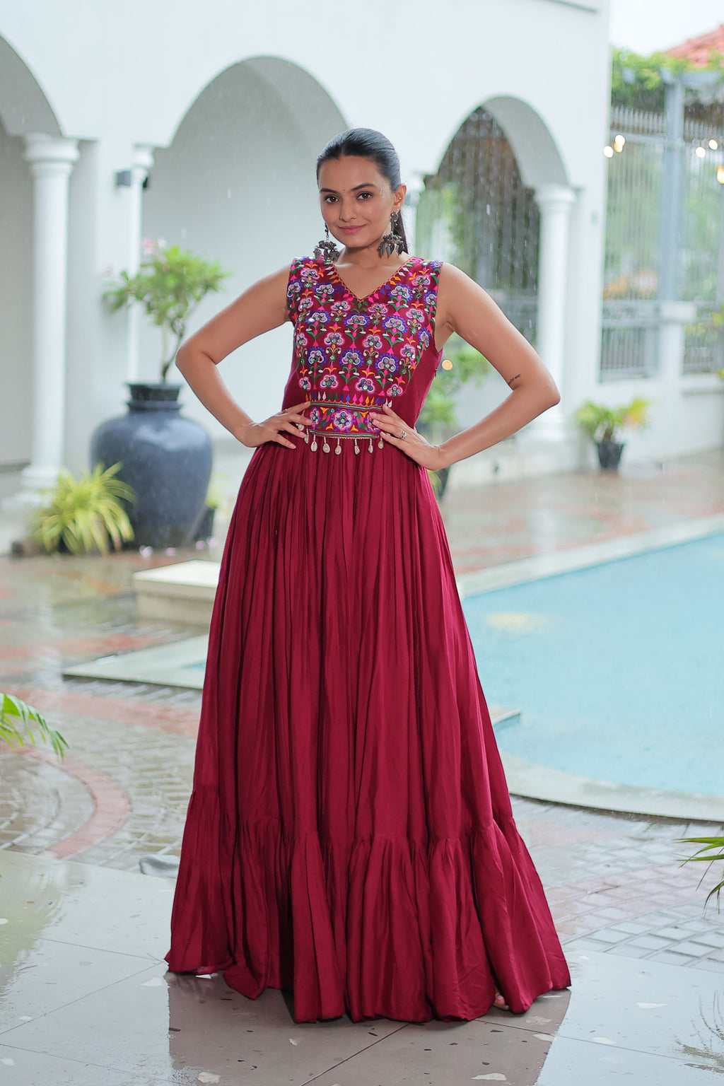 Lorenvalley Fashion Maroon Rayon Kutchi Gamthi Thread Embroidered & mirror Work Gown