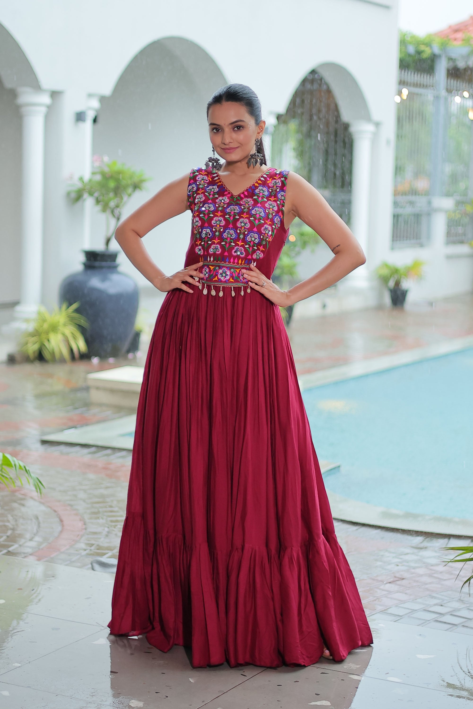 Lorenvalley Fashion Maroon Rayon Kutchi Gamthi Thread Embroidered & mirror Work Gown