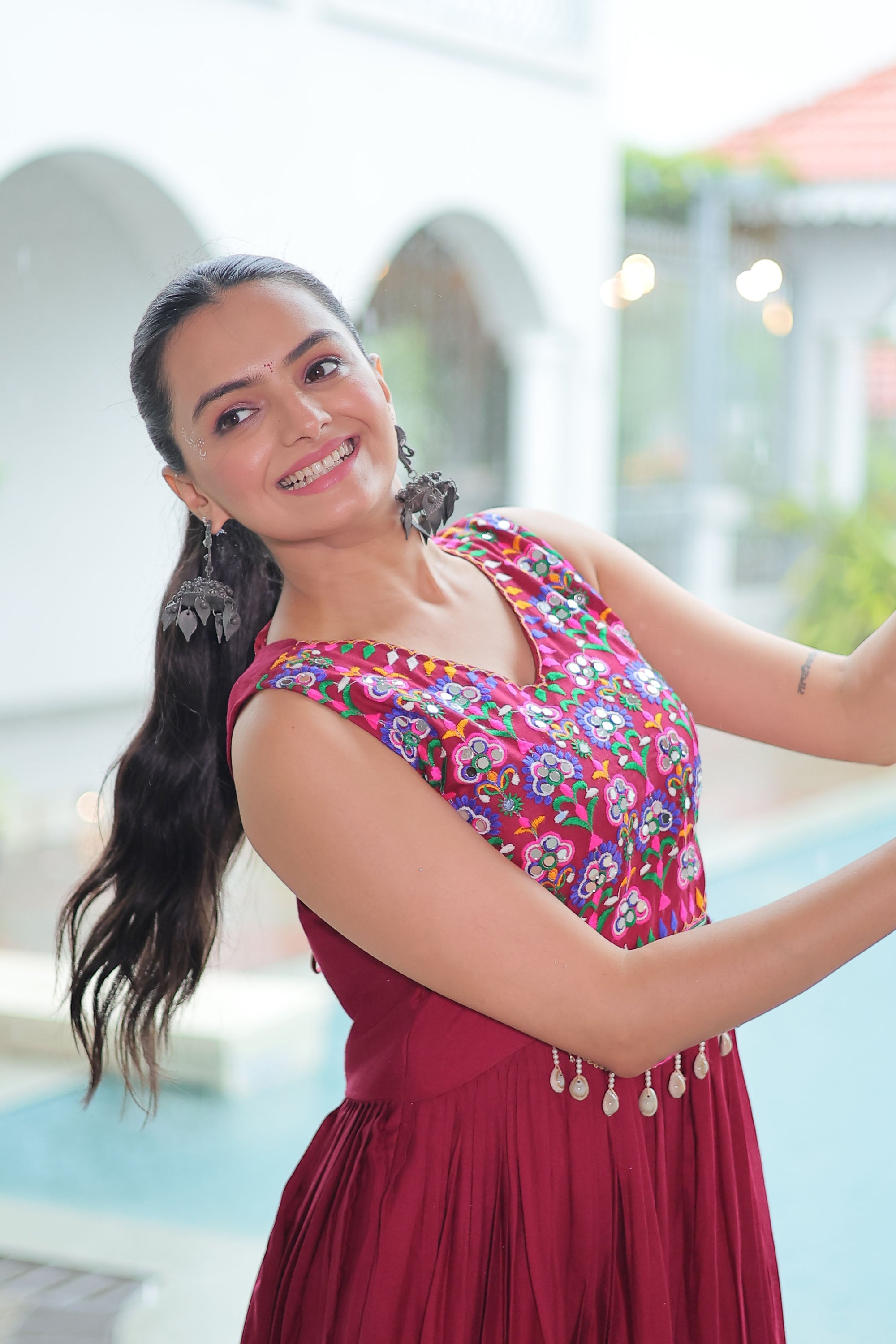 Lorenvalley Fashion Maroon Rayon Kutchi Gamthi Thread Embroidered & mirror Work Gown