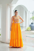 Yellow Rayon gown with intricate Kutchi Gamthi embroidery and mirror work for Navratri