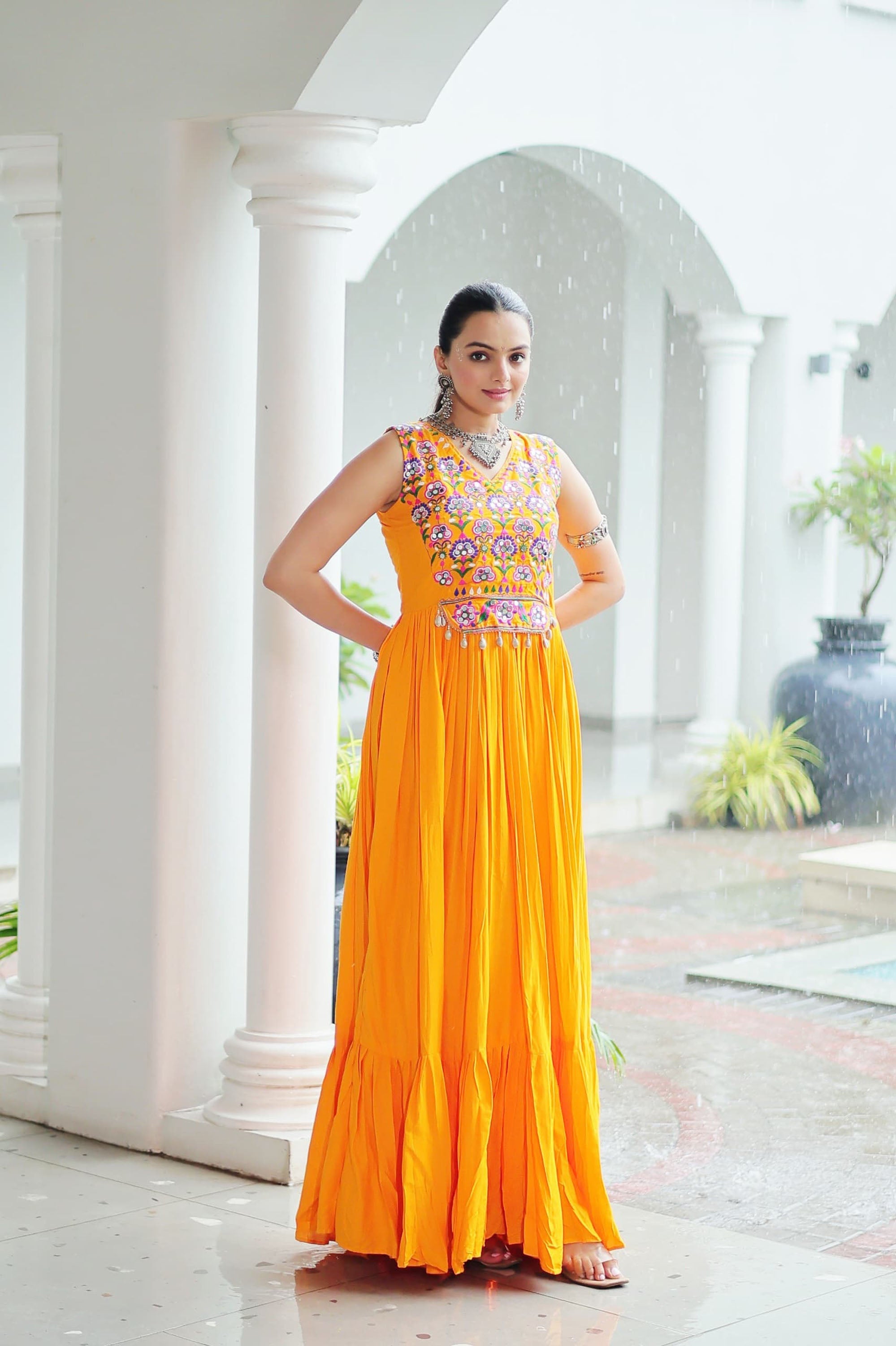 Yellow Rayon Gown with Kutchi Gamthi Embroidery and Mirror Work