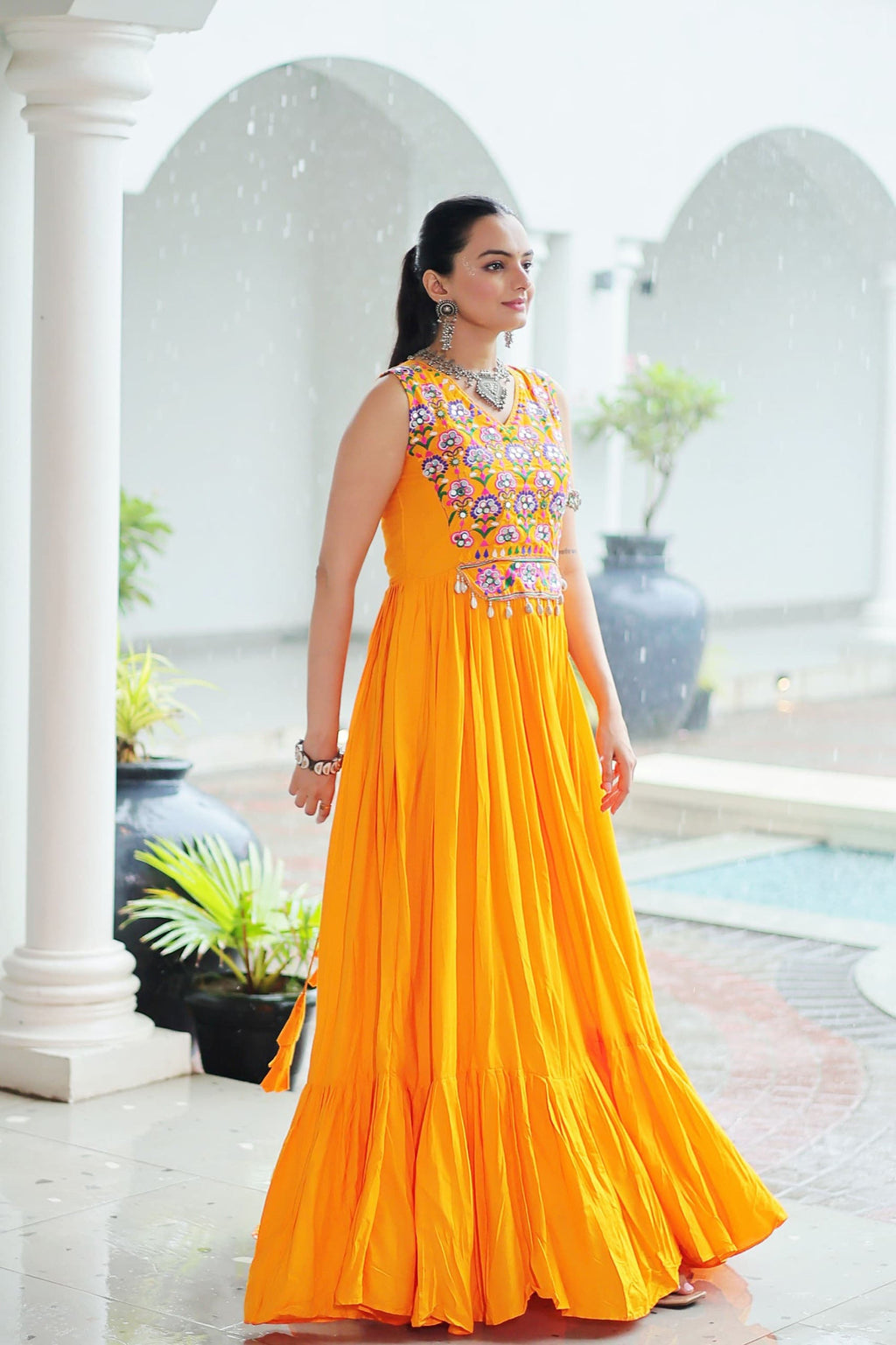 Yellow Rayon Gown with Kutchi Gamthi Embroidery and Mirror Work