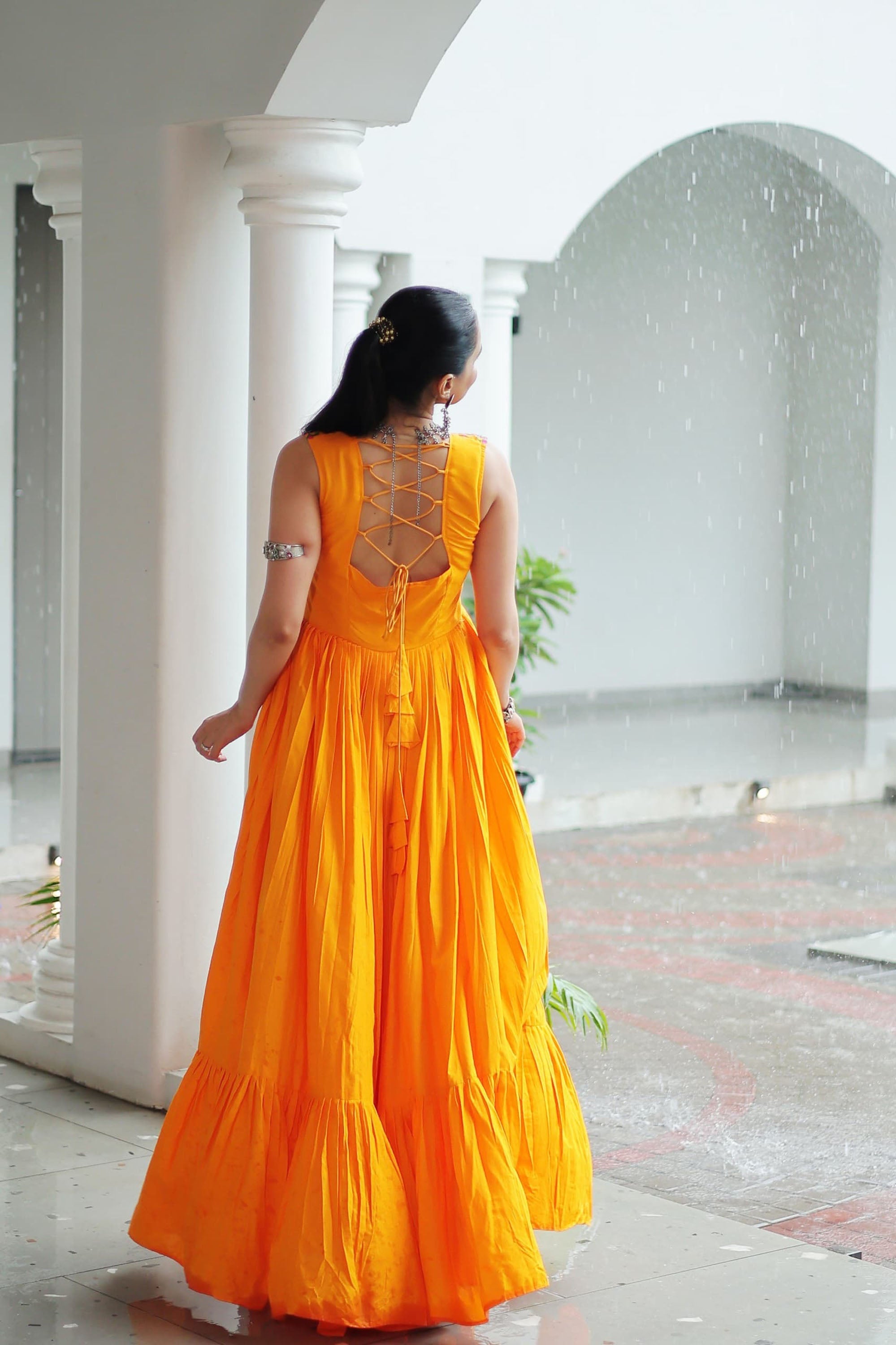 Yellow Rayon Gown with Kutchi Gamthi Embroidery and Mirror Work