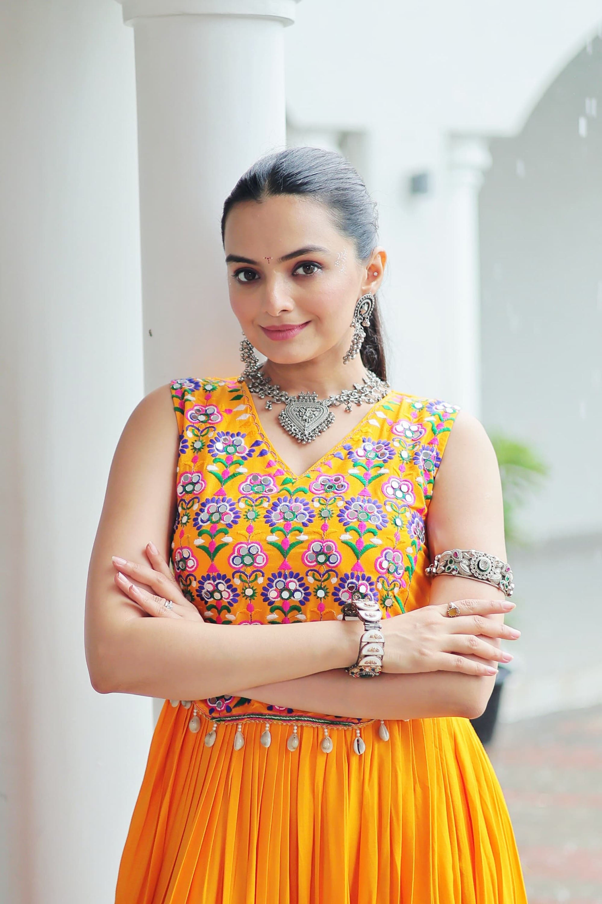 Yellow Rayon Gown with Kutchi Gamthi Embroidery and Mirror Work