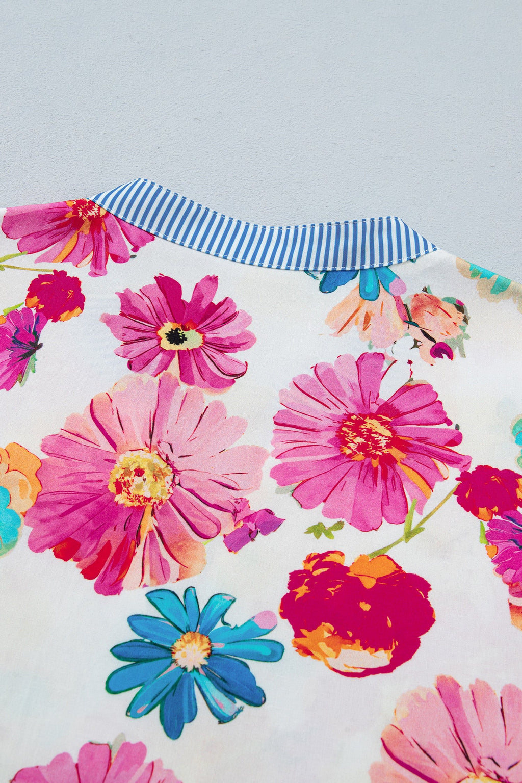 Alma Floral Blouse with Striped Trim and Puff Sleeves