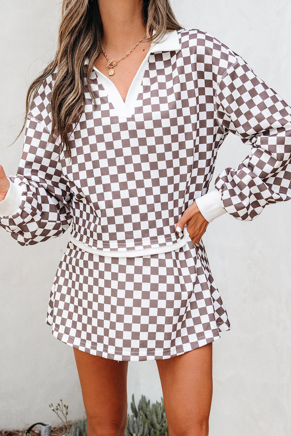 Checker Long Sleeve Top and Drawstring Mini Skirt Set