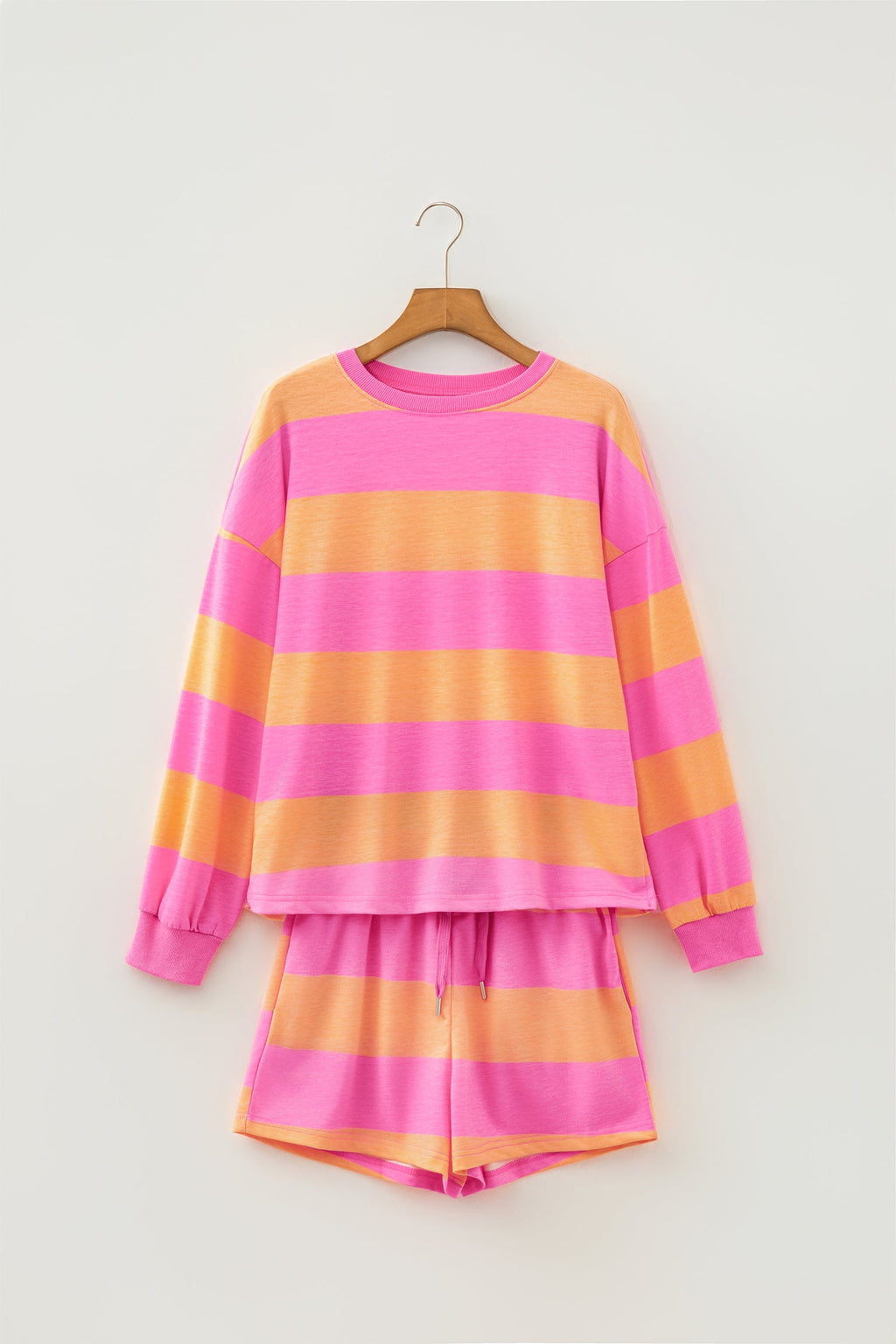 Plus Size Colorblock Stripe Top & Drawstring Shorts Set