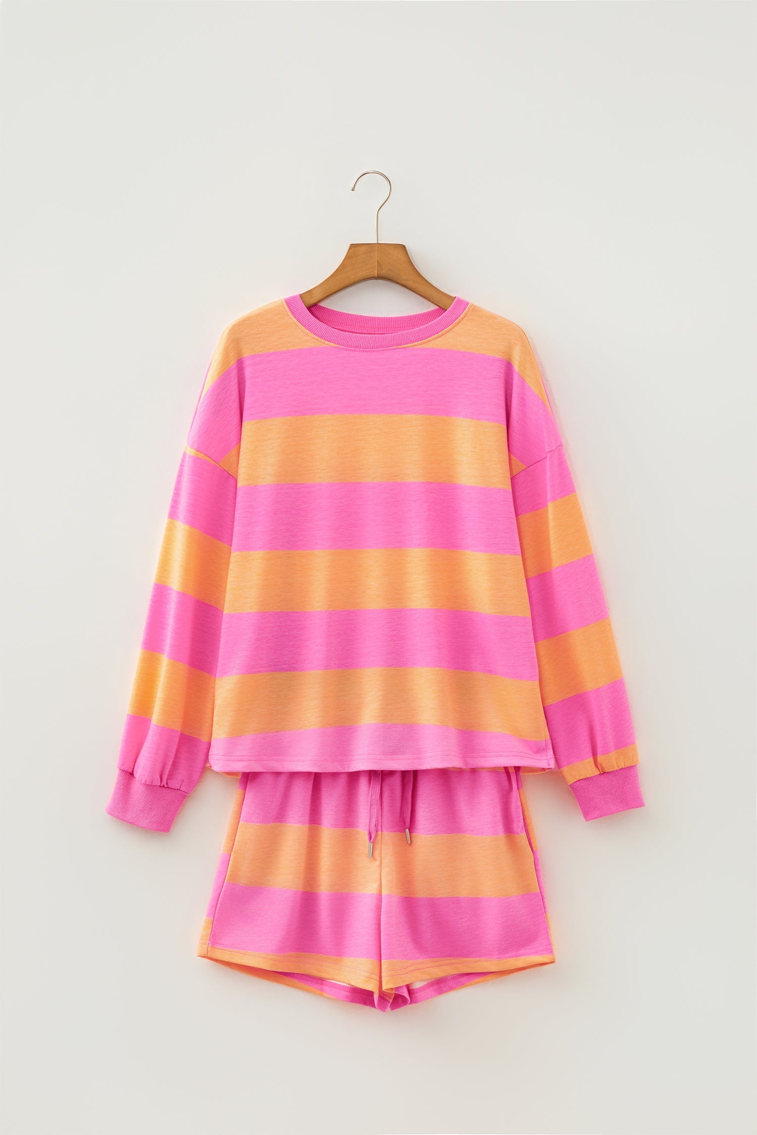 Plus Size Colorblock Stripe Top & Drawstring Shorts Set