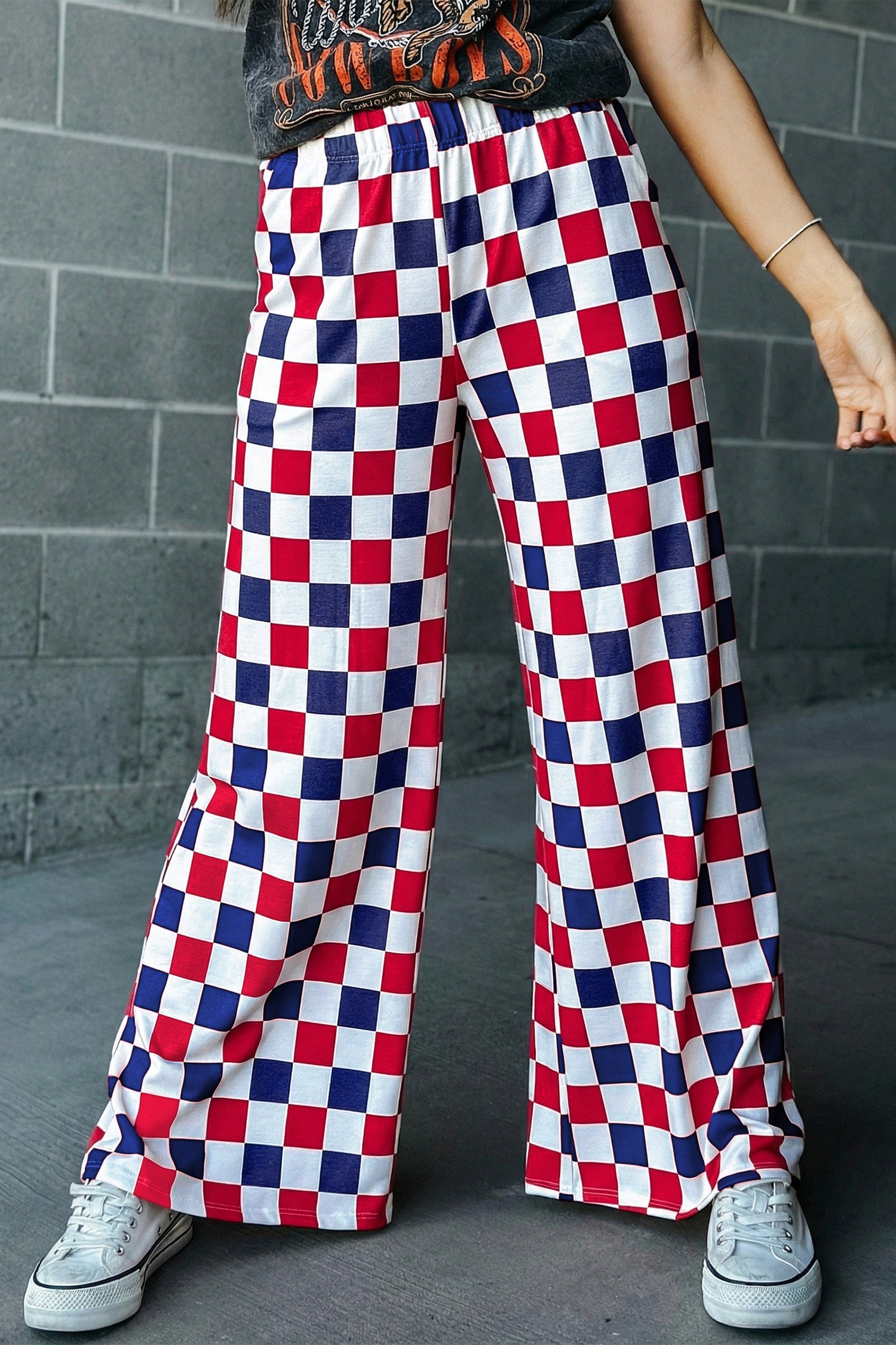 Red 2-Tone Checked Print High Waist Wide Leg Pants