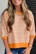 Orange Stripe 3/4 Sleeve Exposed Seam Patchwork Pullover