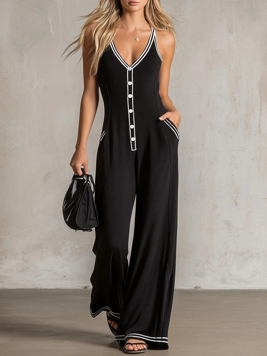 Women's V-Neck Sleeveless Wide-Leg Jumpsuit with Button Detail