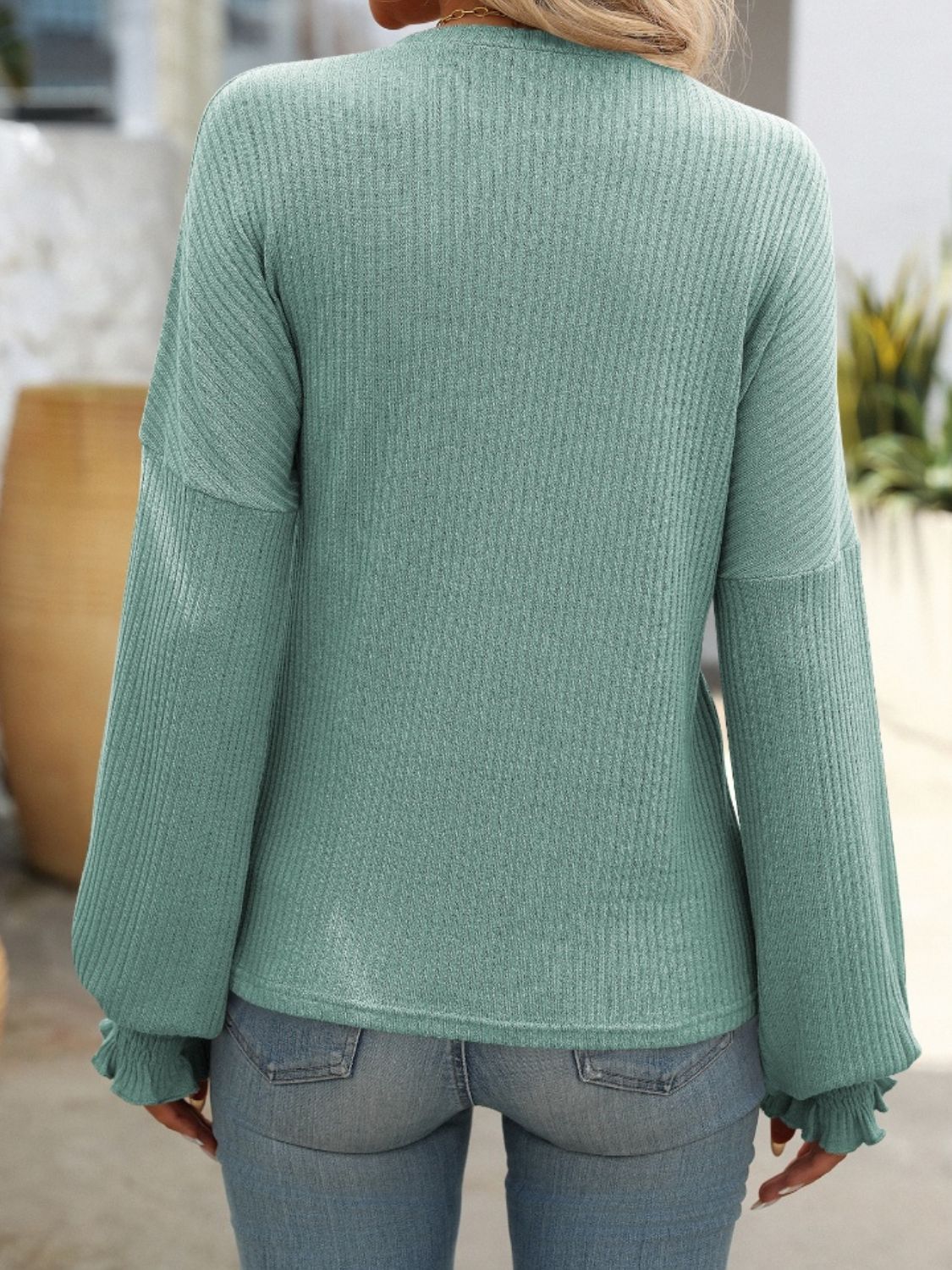 Mandy Ribbed Round Neck Long Sleeve T-Shirt in Mocha - Image 10