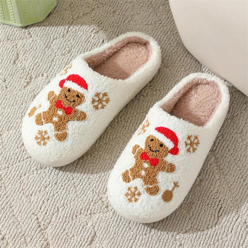 Gingerbread Man Christmas Slippers, Plush Fleece Warm House Shoes