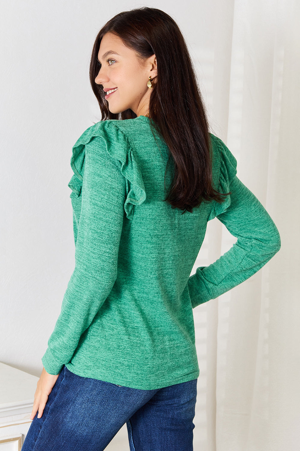Ruffle Shoulder Long Sleeve T-Shirt | Stretchy Opaque Tee