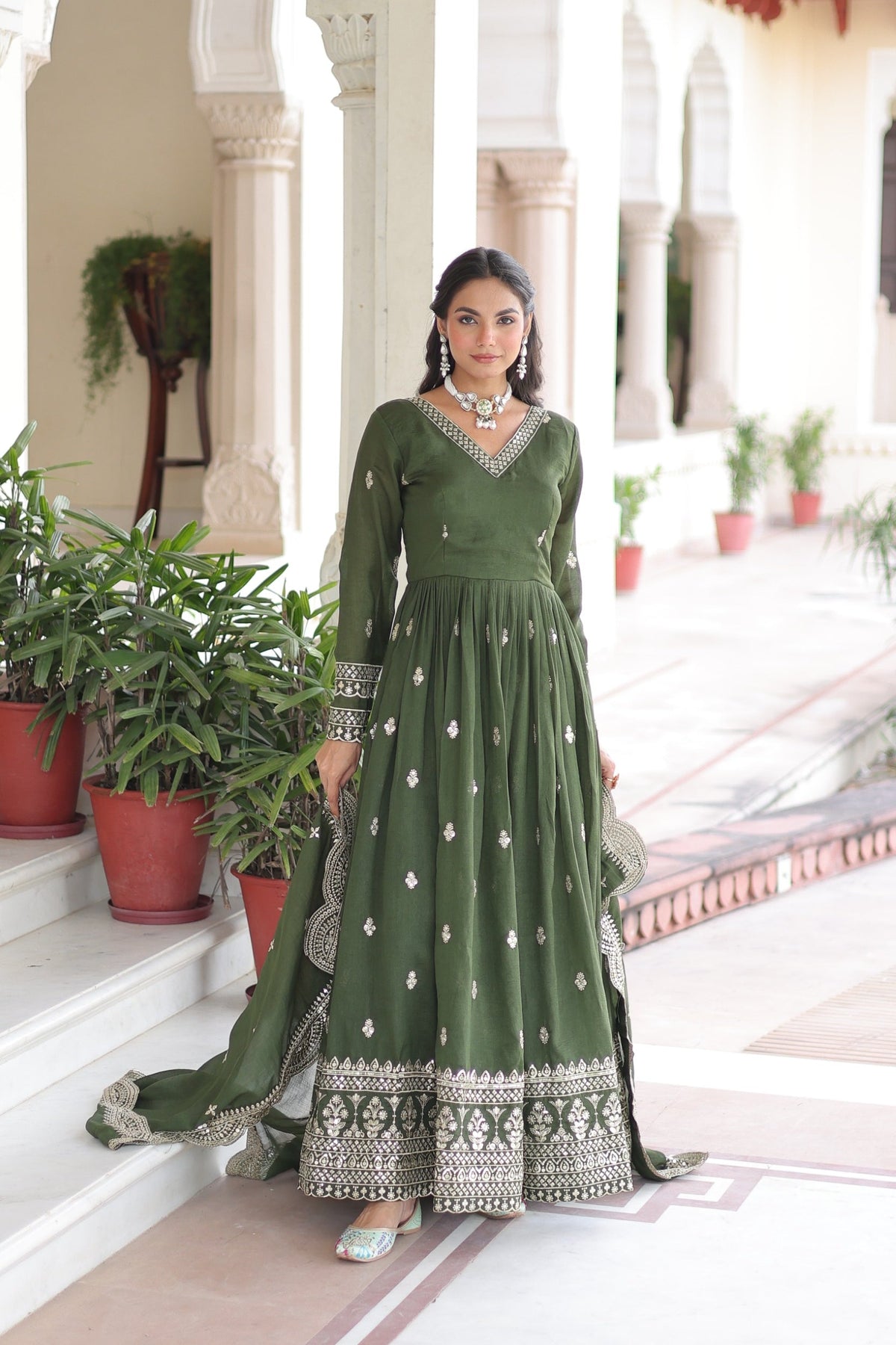 Mehendi Vichitra Silk Anarkali Gown with Rich Zari Embroidery