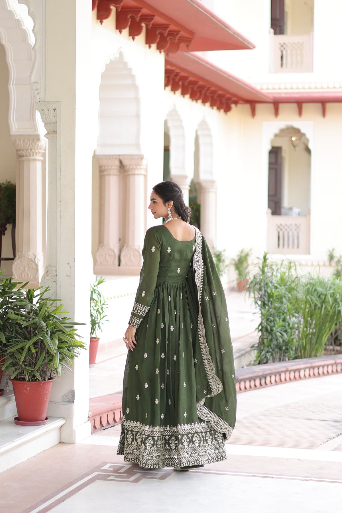 Mehendi Vichitra Silk Anarkali Gown with Rich Zari Embroidery