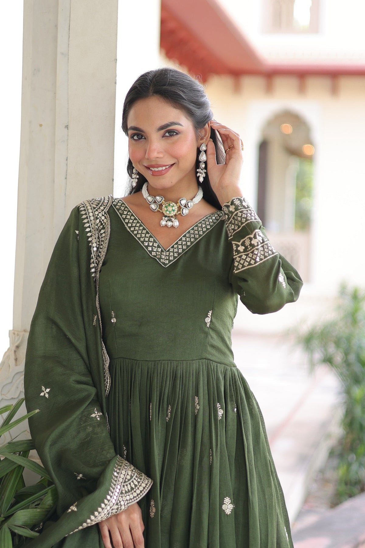Mehendi Vichitra Silk Anarkali Gown with Rich Zari Embroidery
