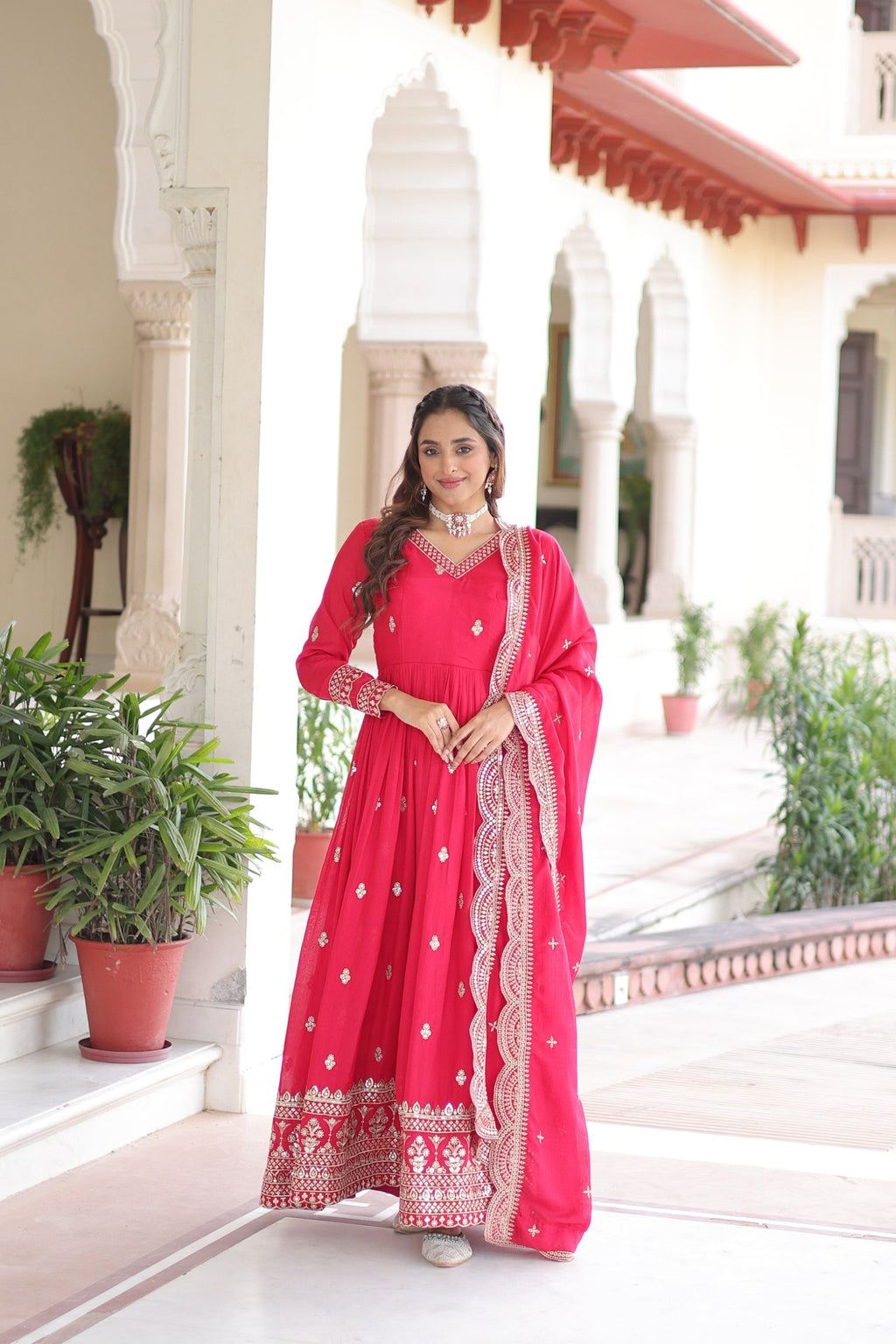 Pink Vichitra Silk Anarkali Gown with Sequins and Zari Embroidery