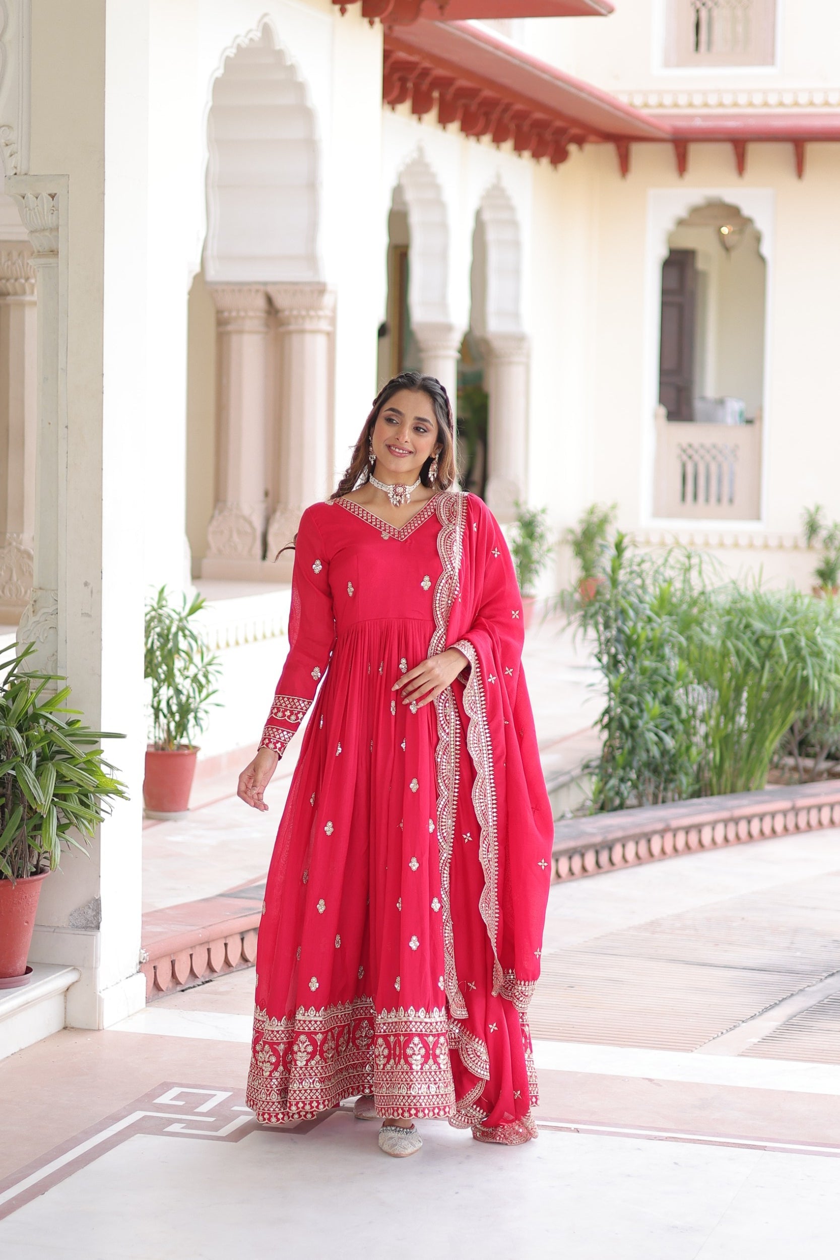 Pink Vichitra Silk Anarkali Gown with Sequins and Zari Embroidery