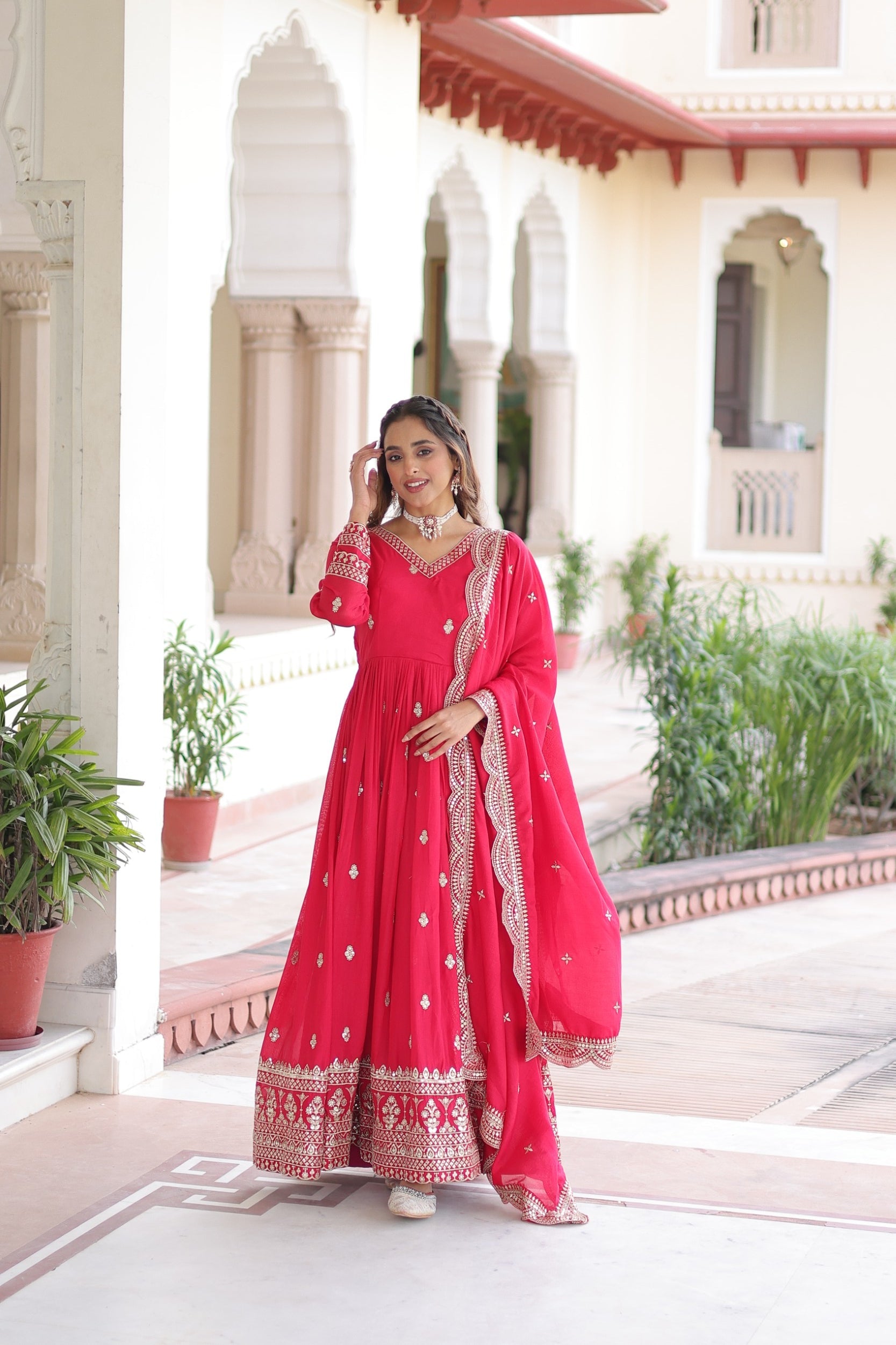 Pink Vichitra silk Anarkali gown with Zari embroidery, sequins, and matching dupatta