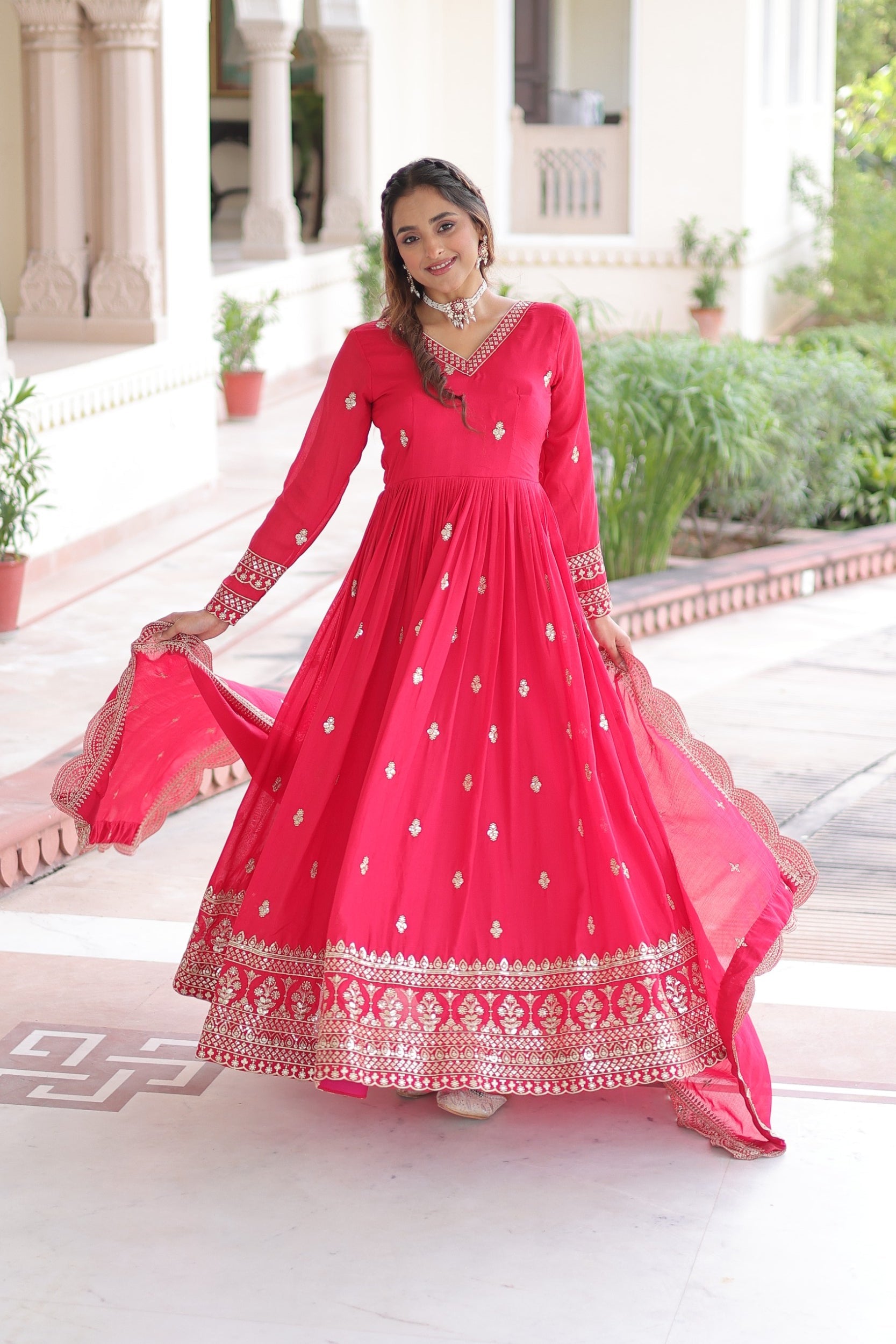 Pink Vichitra Silk Anarkali Gown with Sequins and Zari Embroidery