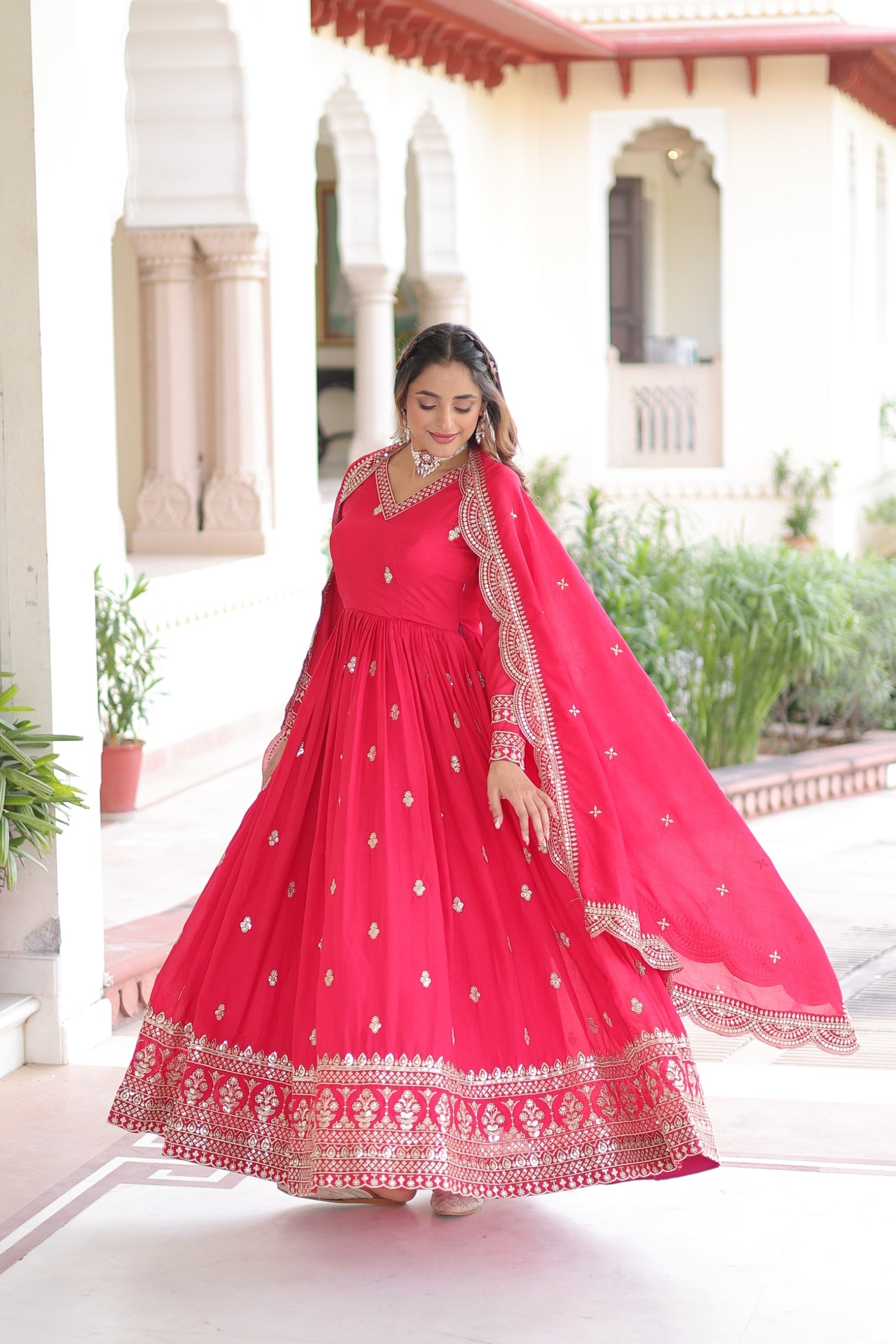 Pink Vichitra Silk Anarkali Gown with Sequins and Zari Embroidery