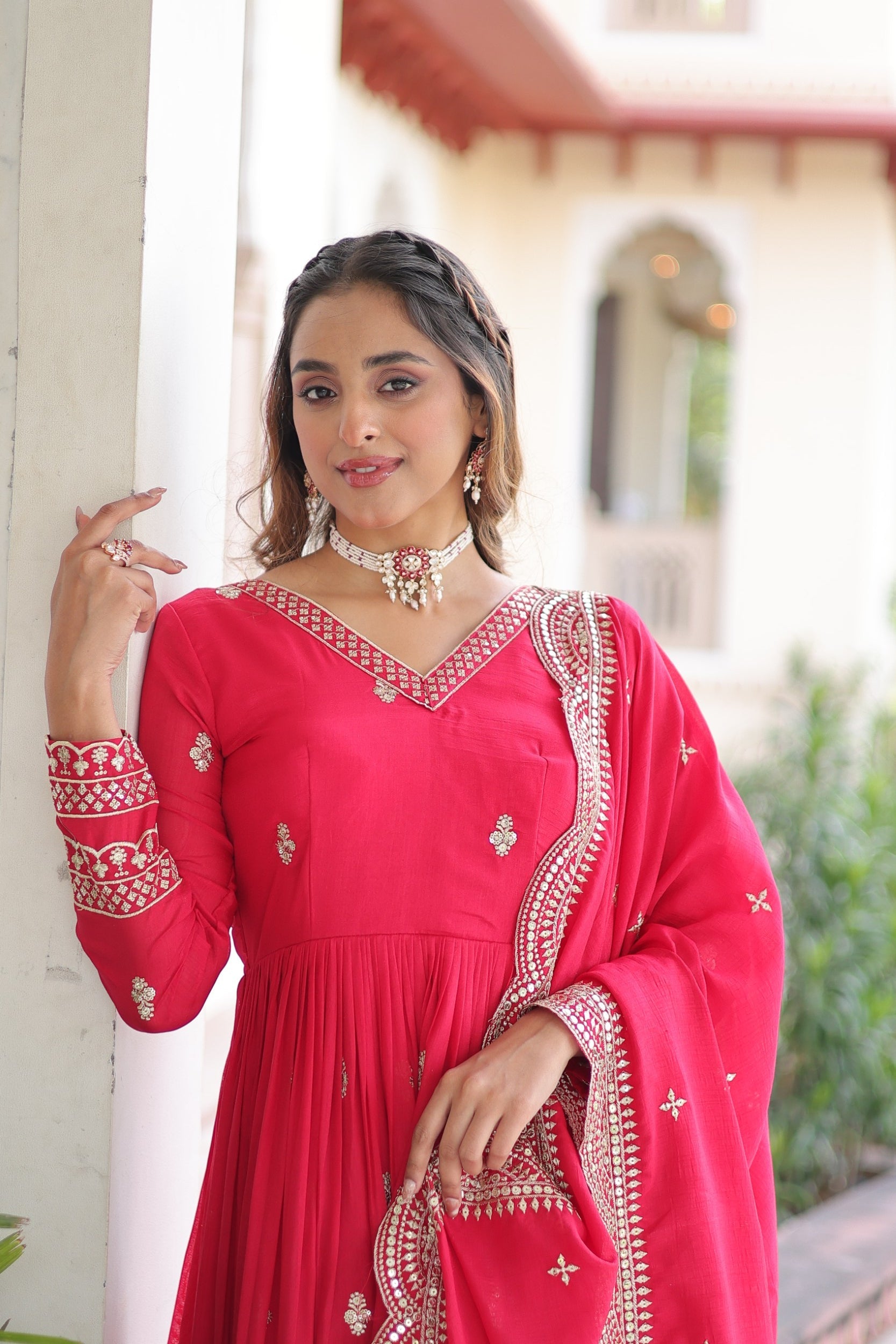 Pink Vichitra Silk Anarkali Gown with Sequins and Zari Embroidery
