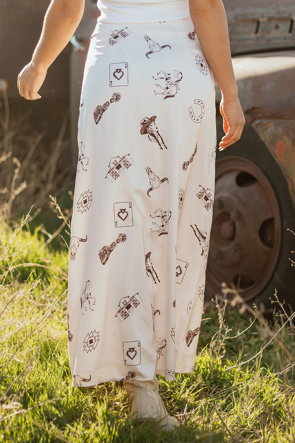 White Western Print Satin Long Skirt Elegant Midi Flowy Skirt