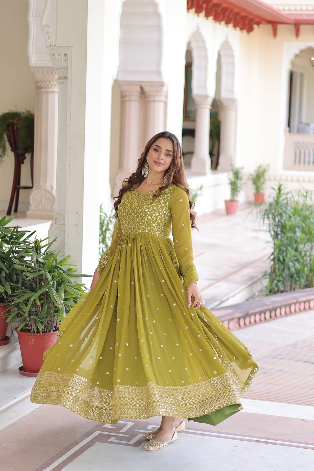 Mehendi Faux Georgette Anarkali Gown with Sequins & Zari Embroidery