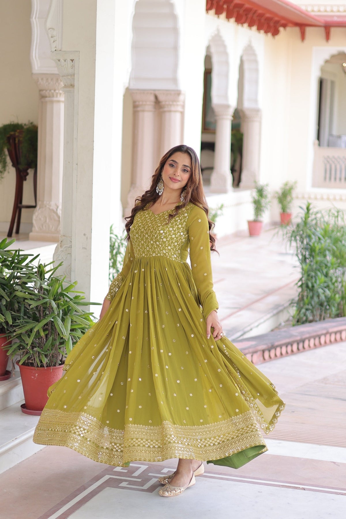 Mehendi Faux Georgette Anarkali Gown with Sequins & Zari Embroidery