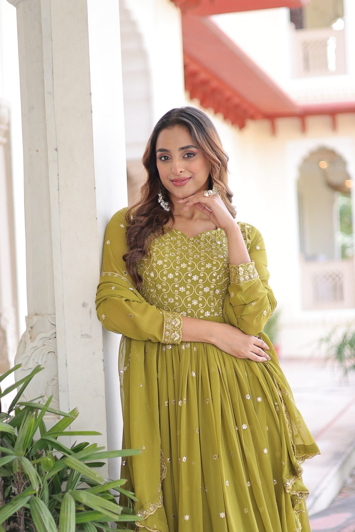 Mehendi Faux Georgette Anarkali Gown with Sequins & Zari Embroidery