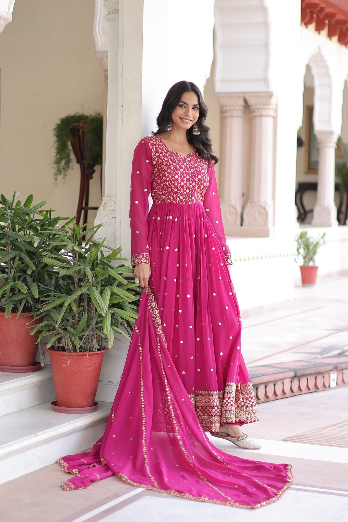 Pink Faux Georgette Anarkali Gown with Rich Sequins & Zari Work