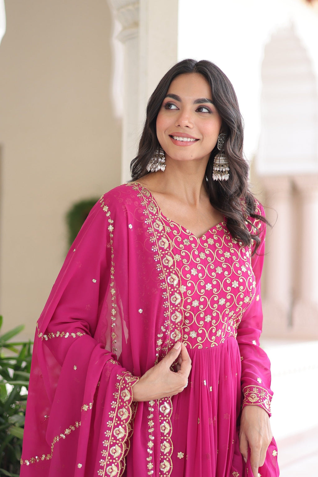 Pink Faux Georgette Anarkali Gown with Rich Sequins & Zari Work
