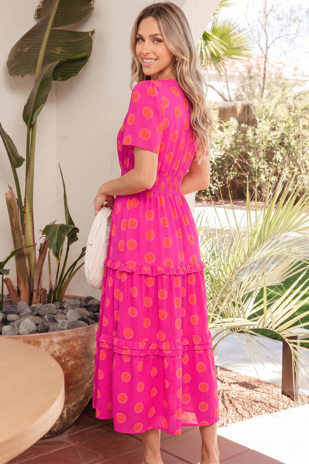 Myra High Waist Midi Dress - Vibrant Polka Dot V-Neck A-Line